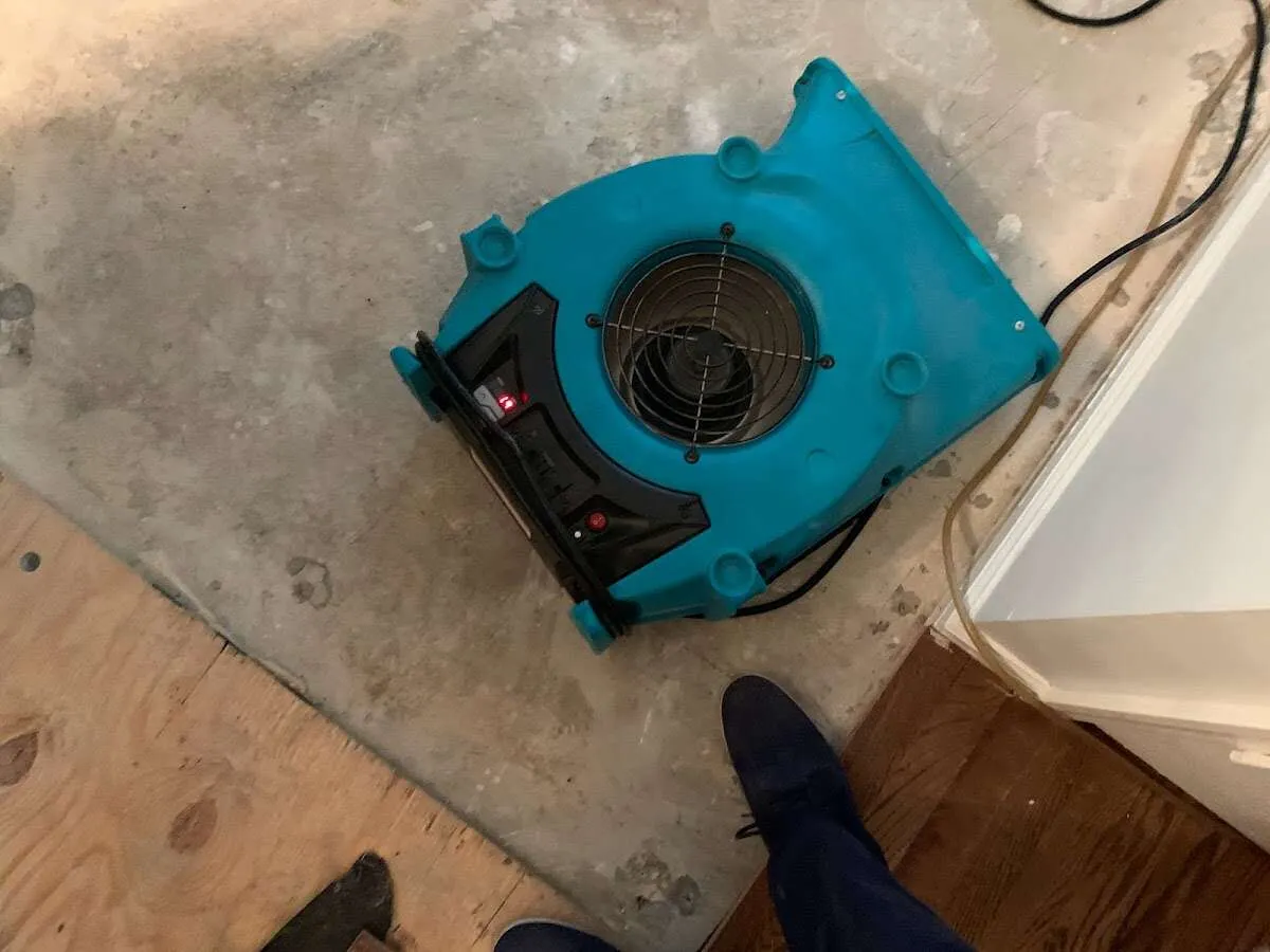 Air mover drying subfloor during Leak Detection & Repair in Bartonville